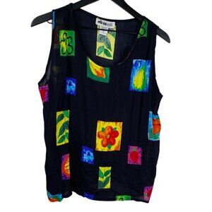 We Be Bop Top Women's Black Sz M Sleeveless Floral Fruit Tropical Resort